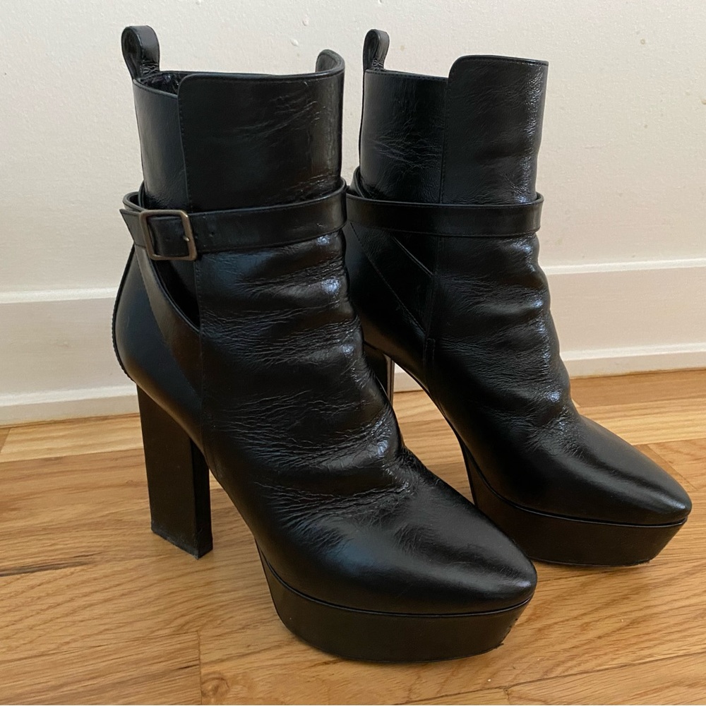 YSL black leather 4 inch heel ankle boots with wrap around strap.